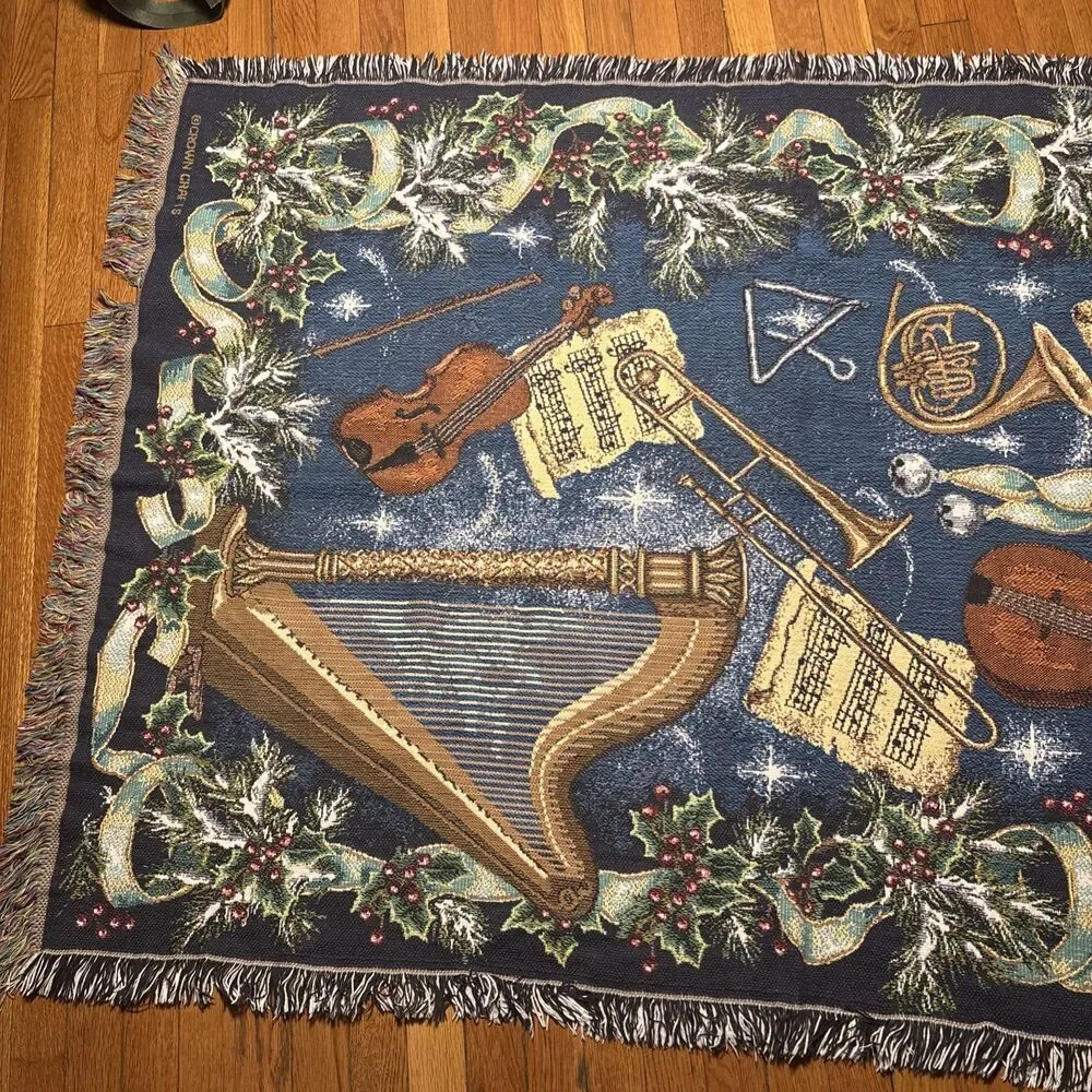 Vintage Crown Crafts VTG 44” X 64” Musical Christmas Needlepoint Fringed Blanket